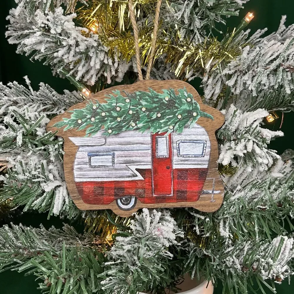 Vintage Camper Wooden Christmas Ornament - Red Buffalo Plaid RV with Tree
